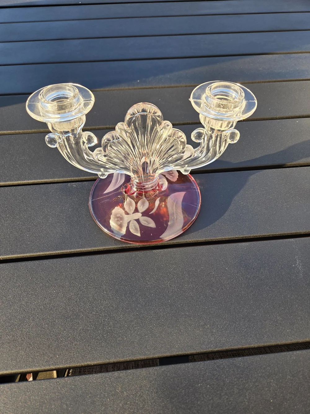 Indiana Glass 1940's Double Arm  Candlestick Holder - Cranberry Etched Base